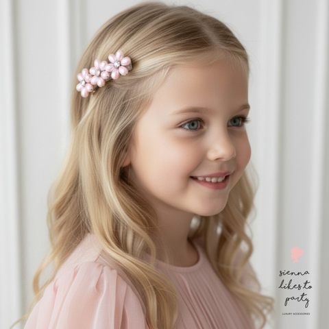 Luxury flower girl pink pearl hair accessories with iridescent crystal centres for weddings and birthdays