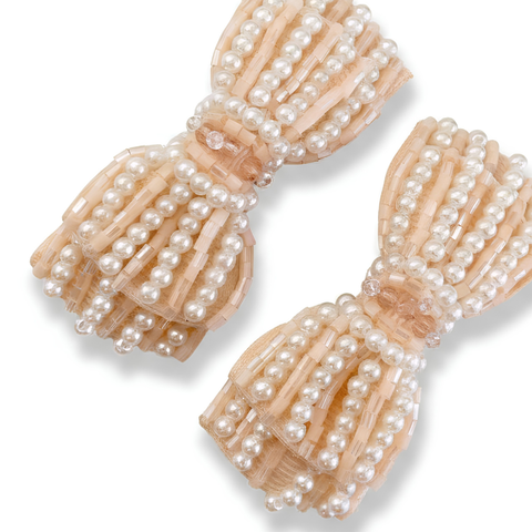 Soft apricot crystal and pearl bow hair clip set for children - hand beaded by Saffron and Selene - specialists in childrens hair accessories.