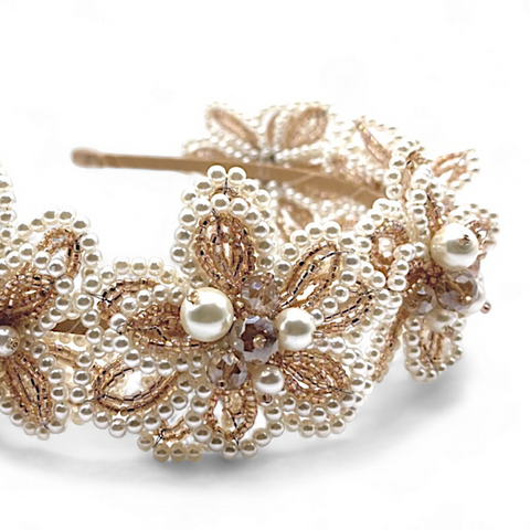 best special occasion hair accessories. Handmade blush flower crown headband adorned with ivory pearls and crystals, ideal for flower girls, special occasions and bridal