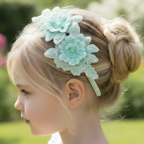 Designer kids flower crown, perfect for weddings and special occasions, entirely handbeaded lace with mint crystals by Sienna Likes to Party