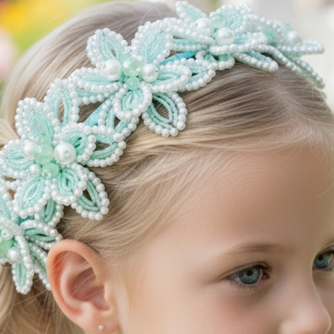 Best handmade girls flower crown in soft mint green with pearls, hand beaded flowers, perfect for bridal or specail occasions.