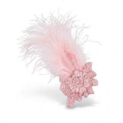 Designer girls pink hand beaded hair clip with spray of pastel pink feathers - hand made by Saffron and Selene