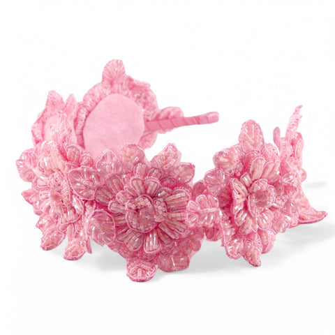 Best childs hand beaded flower crown in pink.  The most highly embelished and sparkling kids headband perfect for flower girls, weddings, birthday parties and kids special occasions.