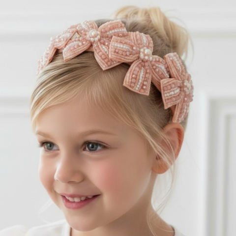 Designer pastel apricot bow headband for girls by Sienna Likes to Party - luxury hair accessories for Childrens