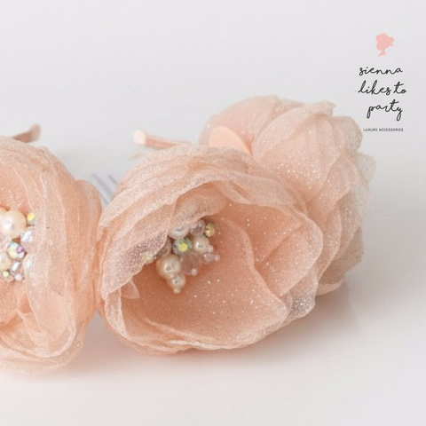 Designer girls soft apricot flower crown.  Hand cut chiffon flowers with pearl, crystal and rhinestone center.  Handmade by Sienna Likes to Party