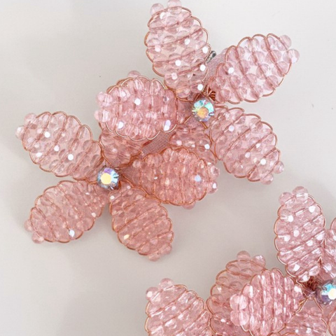 Close up of childs designer pink flower hair clip set - handmade with crystal beads and centered with rainbow diamantes - designed by Sienna Likes to Party