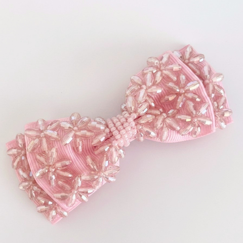 Designer Girls Pink Bow Hair Clip - bespoke and handmade with pink faceted crystal daisy flower embelishment, by Sienna Likes to Party