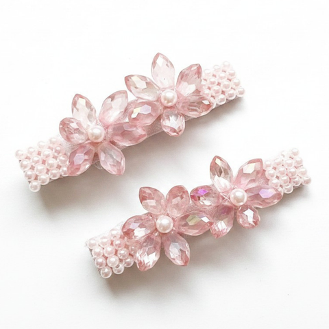 Designer girls pink beaded hair clip set with faceted crystal flower details and pearl bead centers, handmade by Sienna Likes to Party - luxury hair accessories for children