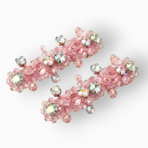 Designer Handmade Pink crystal girls hair clip set.  Hand beaded with rainbow rhinestones.  Created by Sienna Likes to Party - Luxury Hair Accessories for Children