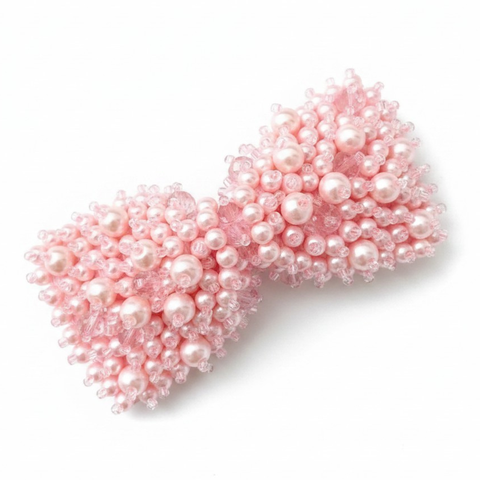 Designer Ghildrens Pink pearl and crystal encrusted hand beaded bow hair clip by Sienna Likes to Party - luxury hair accessories for kids