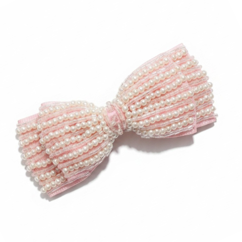 Pale pink hand beaded bow hair clip for girls
