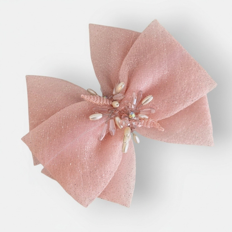 Handmade luxury girls hair bow clip.  Created with sparkling lurex pink organza and centred with hand beaded pale pink and ivory crystals and pearls by Sienna Likes to Party