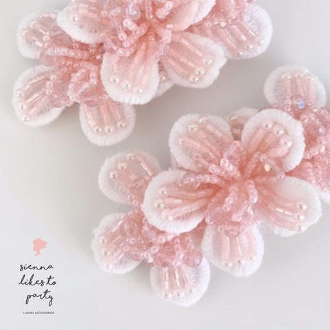 Designer childs pink clip set.  White lace flowers hand beaded with pale pink crystal and beads by Sienna Likes to Party