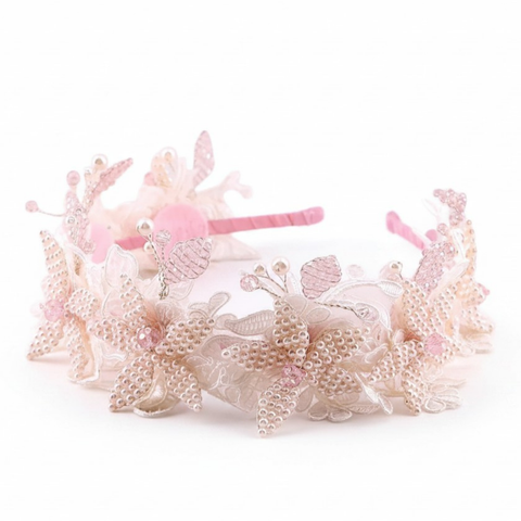 Bespoke handmade pink flower crown for girls with lace, pink pearls and crystals.  Hand beaded by Sienna Likes to Party - Luxury Accessories for Children