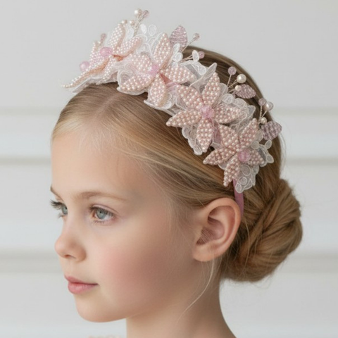 Designer Girls Pink Flower Crown.  Handmade with luxury lace, pink pearl beads and pink crystals.  Created by Sienna Like to Party Childrens Accessories