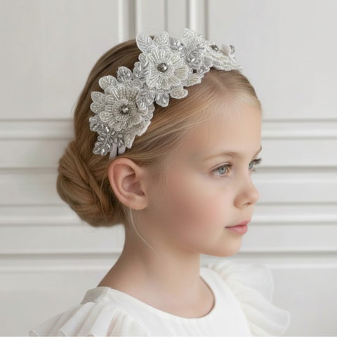 Model wearing silver hand beaded lace flower crown created by hand by Sienna Likes to Party - luxury accessories for children, established 2011