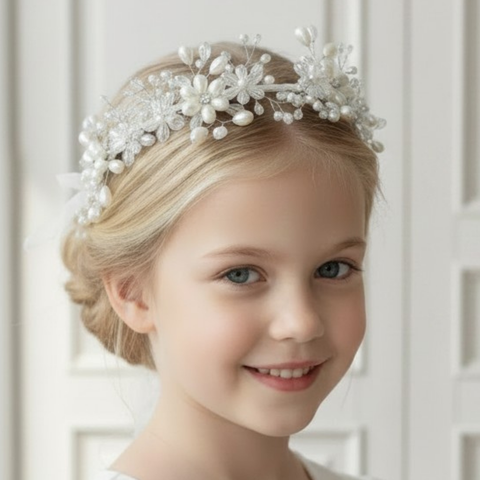 Luxury handmade white flower crown for girls by Sienna Likes to Party.  Designed and created by hand, making it the perfect bespoke hair accessory for communion, special occasions or weddings