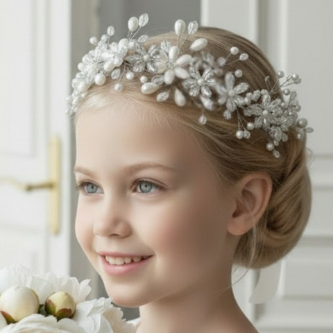 Bespoke Girls White flower crown handmade with ivory pearls, white crystals, perfect for communions, bridesmaids and flower girls.  Created by Sienna Likes to Party