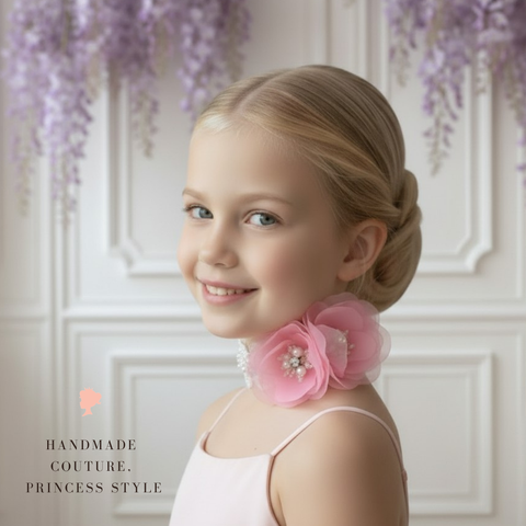Flower Girl wearing handmade pink floral chiffon necklace with diamantes on a string of pearls.  Hand beaded and created by Sienna Likes to Party - Luxury Accessories for Children