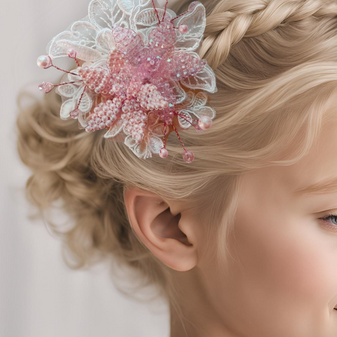 Buy the most beautiful and elegant flower girl and bridal hair accessories.  The Isadora Hair Clip is entirely handmade with   luxury white lace and hand stitched pink crystal and pearl flowers.  Designed by Sienna Likes to Party, the most luxury hair accessories and jewelry for the mini princess.