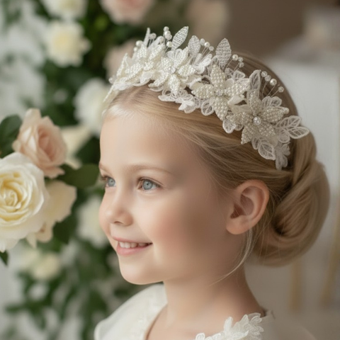 Designer ivory pearl and crystal girls bridal crown handcrafted for flower girls