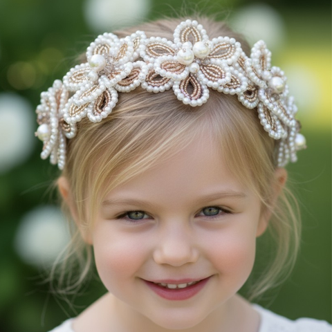 Best Flower Girl Crown, entirely hand beaded flowers with blush crystals and ivory pearls, perfect for weddings and childrens special occasionwear