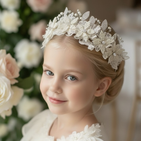 Luxury handmade pearl flower girl headband for weddings and bridal parties
