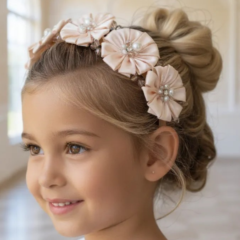 Best girls blush flower girl headband in satin with hand stitched pearls and crystals by Sienna Likes to Party, luxury hair accessories for children.
