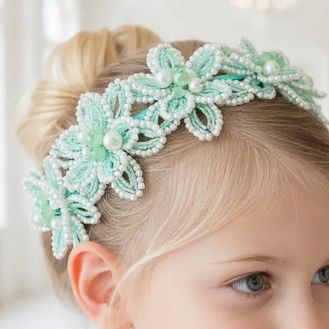 Best Designer Luxury Flower Crowns for children by Sienna Likes to Party - handmade flowers in pastel mint green and white pearl