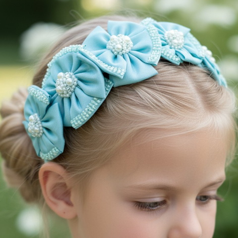 buy girls luxury satin and pearl headband in soft mint, designed and handmade by Sienna Likes to Party luxury hair accessories for children.