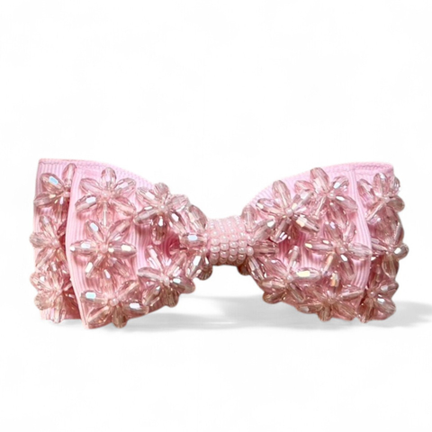 Designer Childrens Pink hair bow handmade with hand stitched crystals