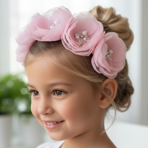 Best luxury girls flower crown for weddings and childrens special occasions.  Bespoke and hand beaded pink headband with pearls and crystals.