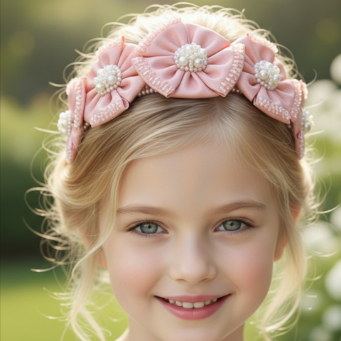 Designer girls satin flower headband, handmade and handbeaded with pearls and crystals in apricot, perfect for childrens special occasionwear.