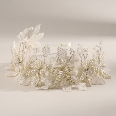 Couture handmade flower girl headband with pearls lace and crystal embellishment