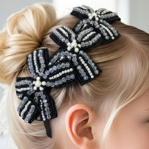 Designer Girls Headband - black bows with ivory pearls and white crystals, handmade by Sienna Likes to Party Luxury Childrens Hair Accessories