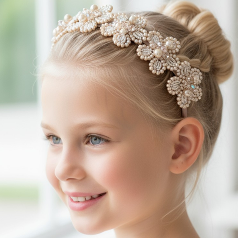 Buy handmade girls headband, hand beaded with blush crystals and pearls, perfect for flower girls, weddings or childrens special occasions, by Sienna Likes to Party Luxury Hair Accessories for Children.