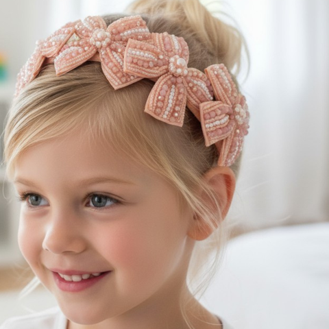 Buy hand beaded bespoke girls bow headband in apricot, by Sienna Likes to Party - Luxury hair accessories for children
