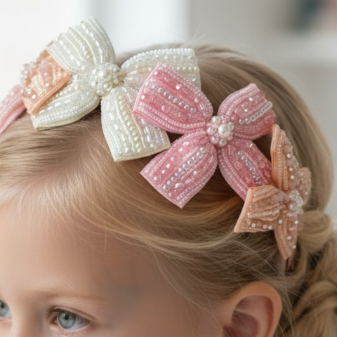 Close-up of a child's head with designer crystal and pearl bows perfect for special occasions.