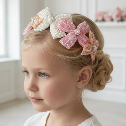 Model wearing handmade girls bow headband, in pastel colours, hand beaded with pearls and crystals.