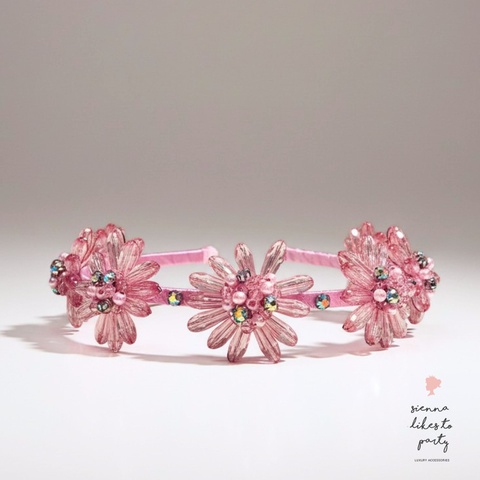 close up pink crystal flower headband for girls special occasions