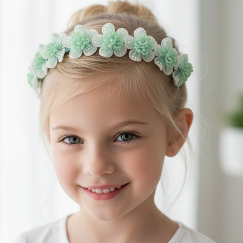 Designer handmade mint green floral headband.  Luxury crystals and lace create this hand beaded luxury hair accessory for children