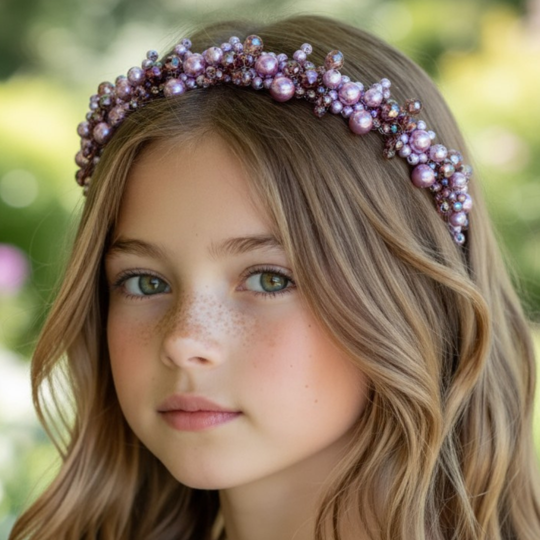 Girls lilac and purple handmade luxury headband.  Created with pearl and crystal beads by Sienna Likes to Party Designer Childrens Accessories.  Perfect for childrens special occasions and weddings.