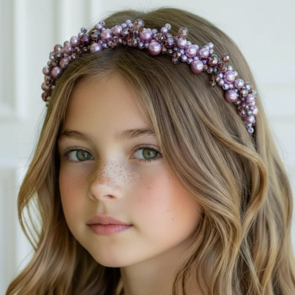 Childrens Lilac and Amethyst crystal headband designed and handmade by Sienna Likes to Party- Luxury Hair Accessories for Children since 2011