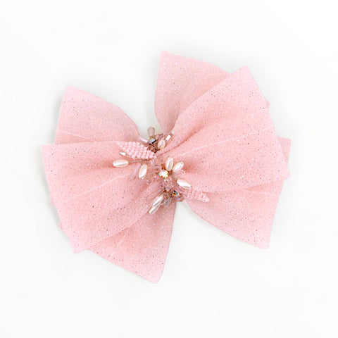 Baby girl pink hair bows.  This pink chiffon bow is handmade with a centre of crystals and pearls.  A bespoke style by Sienna Likes to party luxury accessores for children
