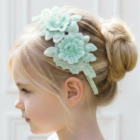Girls lace flower headband individually hand beaded with mint green crystals.  Created by Sienna Likes to Party Luxury Hair Accessories for Children since 2011