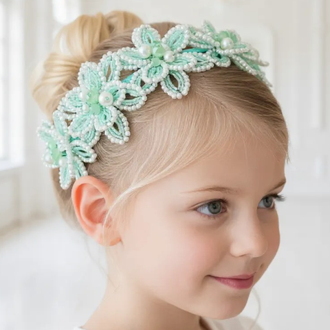 Designer Girls Flower Crown for bridal and special occasions.  Handmade with pearls and mint green crystals.  Designed by Sienna Likes to Party, luxury accessories for children since 2011