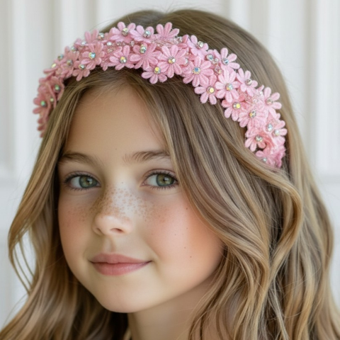 Designer girls pink lace flower crown handmade and embelished with rainbow diamantes for flower girls and bridal by Sienna Likes to Party Luxury childrens brand since 2011