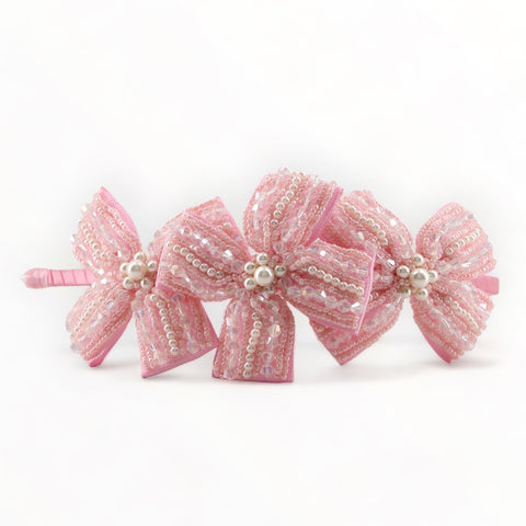 Girls hand beaded Pink Bow Hair Band