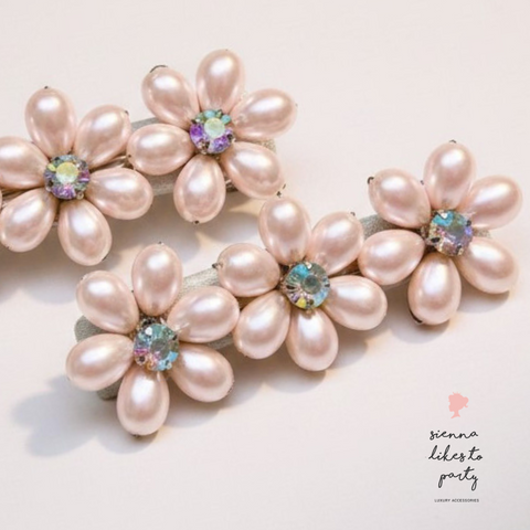 Elegant blush pink pearl flower hair clips for girls individually handmade with sparkling faceted crystal detailing