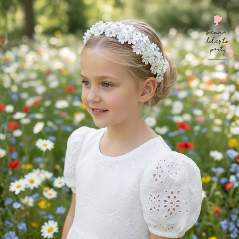 Handmade designer white daisy headband, designed by Sienna Likes to Party bespoke Hair Accessories.